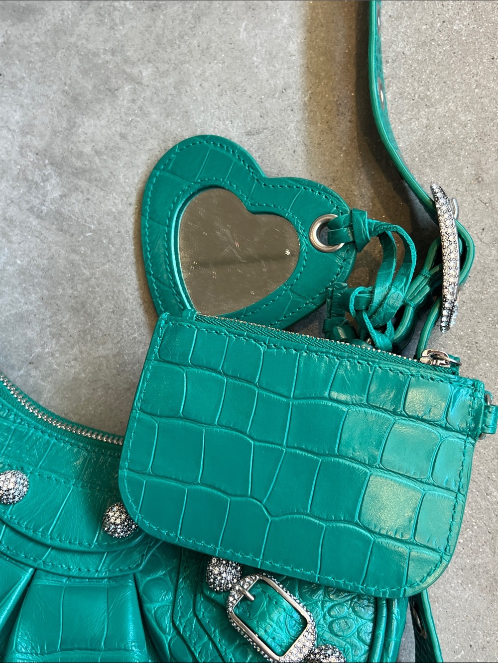 Balenciaga Calfskin Crystal Crocodile Embossed Le Cagole Shoulder Bag XS Jade - Picture 3 of 12